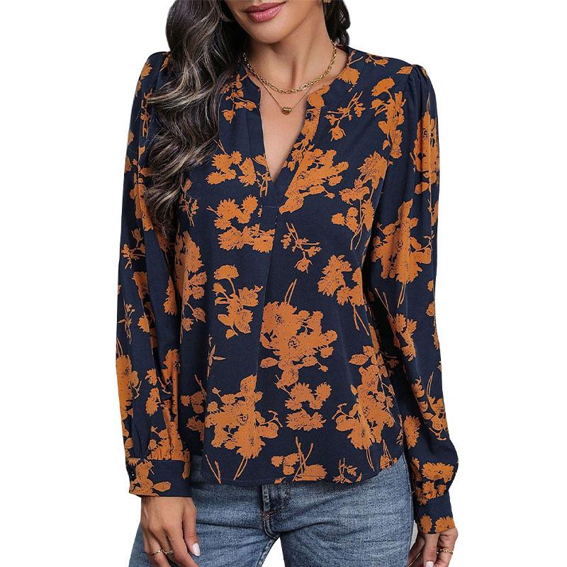 Comfortable Tops Woman Clothing Fashion Casual Tops Shirts Fashionable and Casual Temperament Autumn Wind French Tops Pullover V-neck Printed Shirt