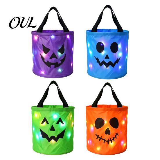 Reusable Holiday Party Favor Bags Halloween Glowing Pumpkin Candy Bag LED Light Up Trick or Treat Bucket Decorative Containers for Sweets Waterproof