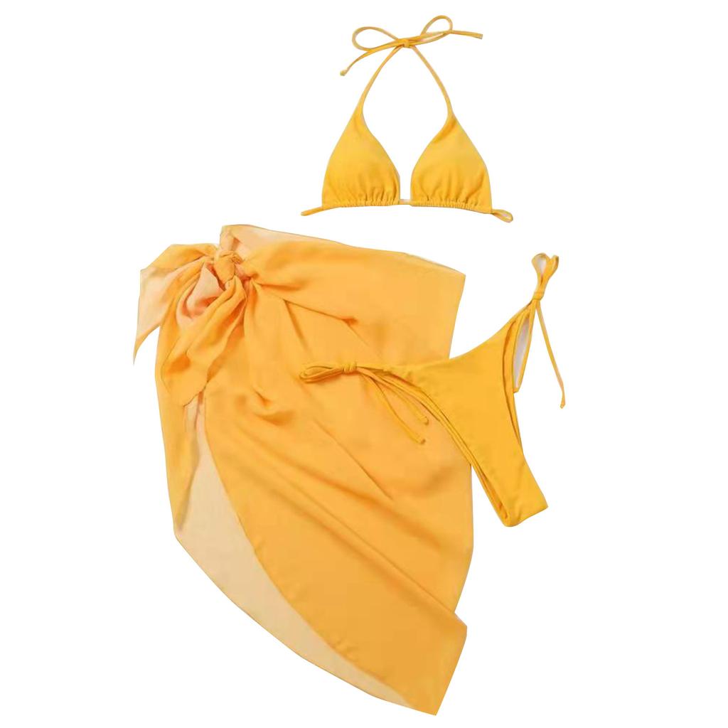 Women's Summer Fashion Sexy Solid Color Backless Lace-up  Waist  Veils Knot Hem Bikini  Three-pieces Swimsuit