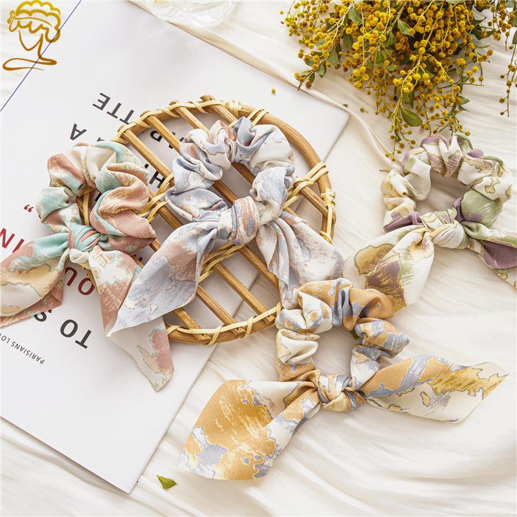 Vintage Print Ribbon Scrunchies Long Tail Hair Tie Elegant Hair Accessory for Women Vacation Style