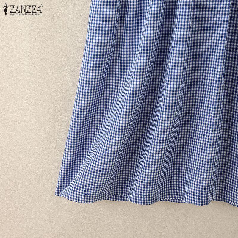 ZANZEA Women Plaid Print Casual Turn Down Collar Short Sleeve Dress