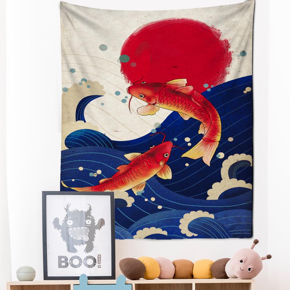 Japanese Illustration Tapestry Wall Hanging Kanagawa Wave Printing Bohemian Hippie Bedroom Home Decor