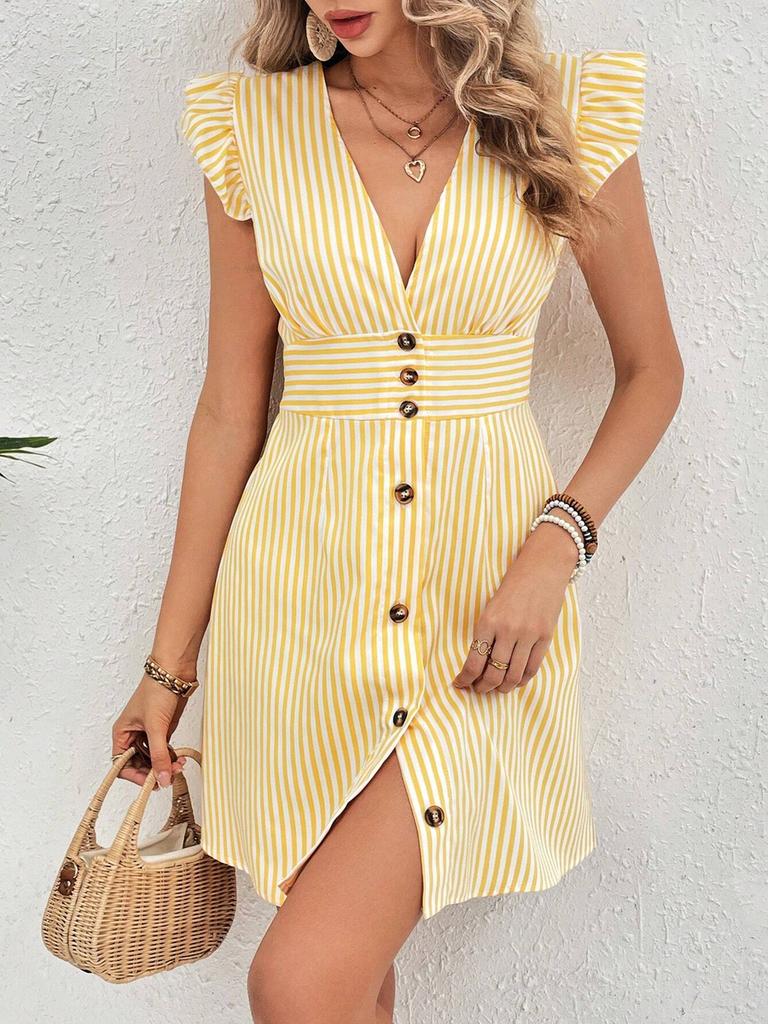 New Summer Women's Fashion Striped Printed V-Neck Flare Sleeve Dress