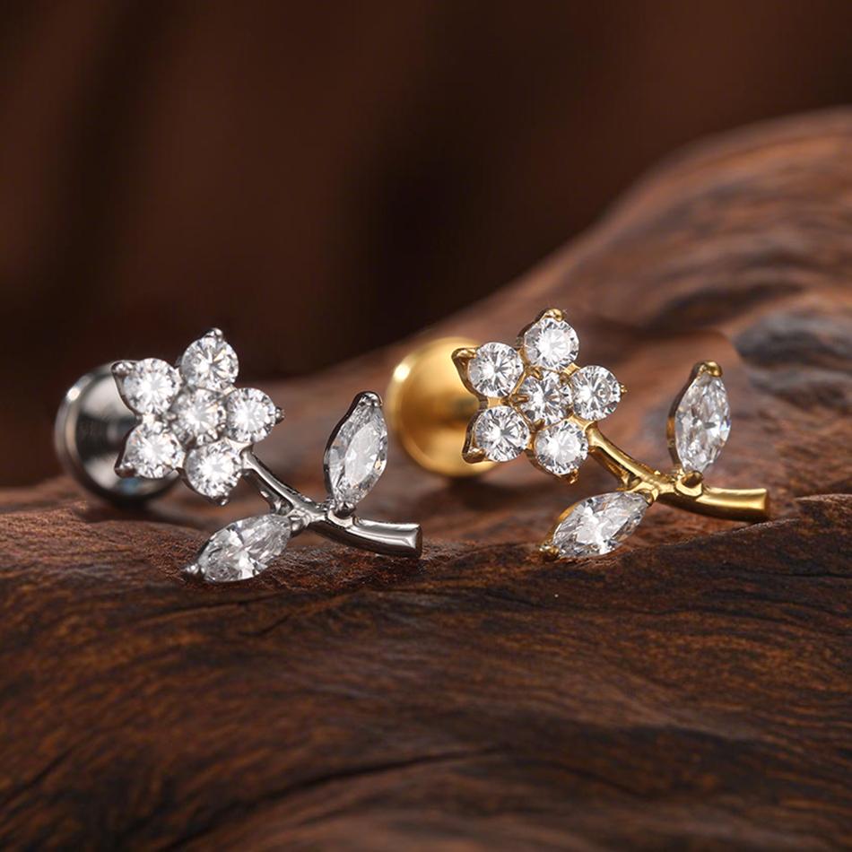 1PC Titanium Gold Color CZ Tragus Piercing Internally Threaded Ear Cartilage Flat Back Earrings Hidden Helix Stud Jewelry 16G