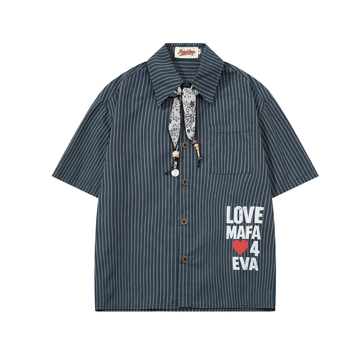American retro shirt summer antique striped tie shirt simple and versatile daily professional top M темно-синий