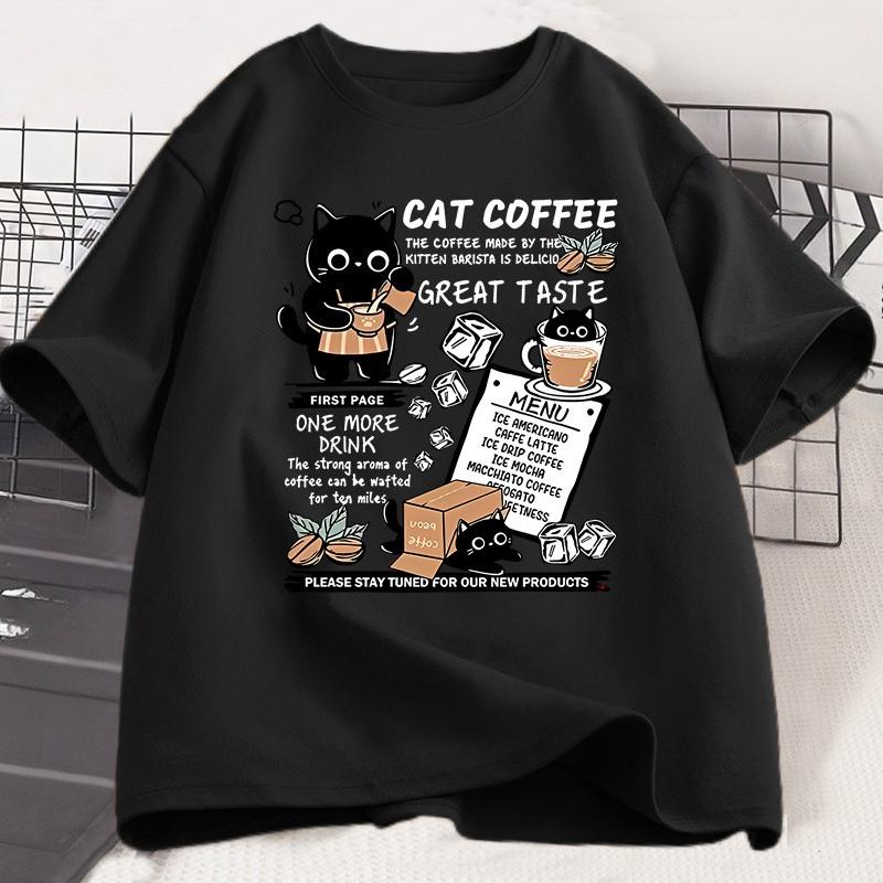Funny Cat Make Coffe Print T Shirt for Unisex WOMEN Tshirt Summer Loose Cotton Short Sleeve Trendy Y2k Tops Unisexs Designer Clothes