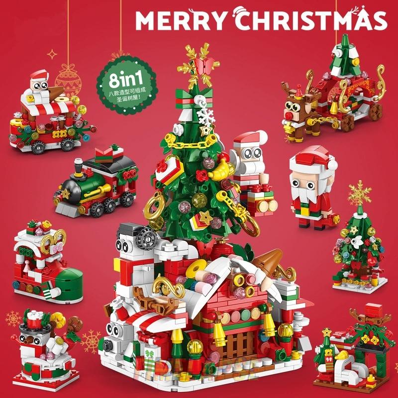 8in1 Christmas Tree Elk Deer Santa Claus Train Decorations Architecture Store Street View Xmas Snow House Building Block Kit Toy