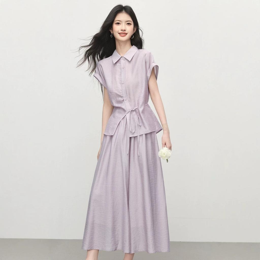 Women's Turn Down Collar Short Sleeve Loose Fit Solid Color Shirt Wide Leg Ankle Pants Two Piece Set