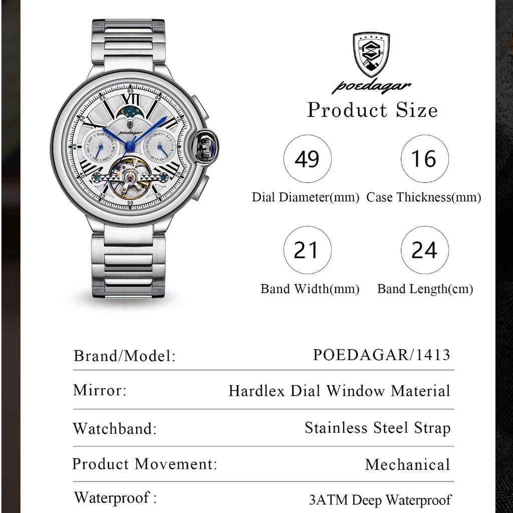Luxury Business Male Watch Date Week Stainless Steel Tourbillon Men Clock Waterproof Automatic Mechanical Men's Watches