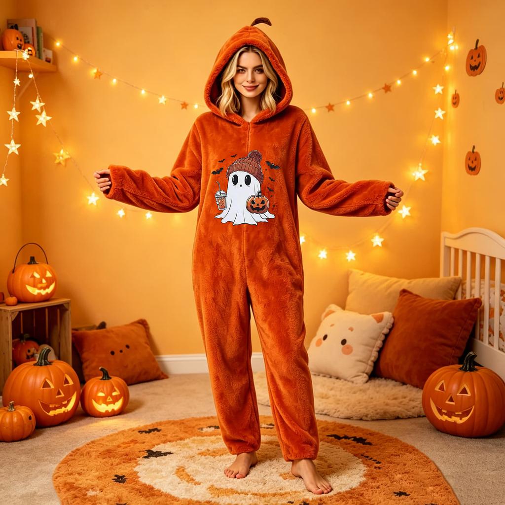 Women's Halloween Printed Flannel Romper Jumpsuit for Holiday Party and Loungewear