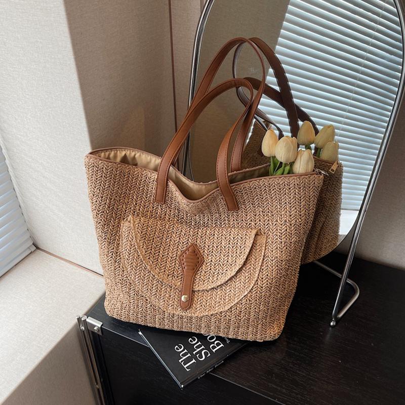 Yogodlns Women's Woven Straw Tote Bag Leather Patchwork Decor Large Capacity Casual Daily Beach Vacation Shoulder Handbag