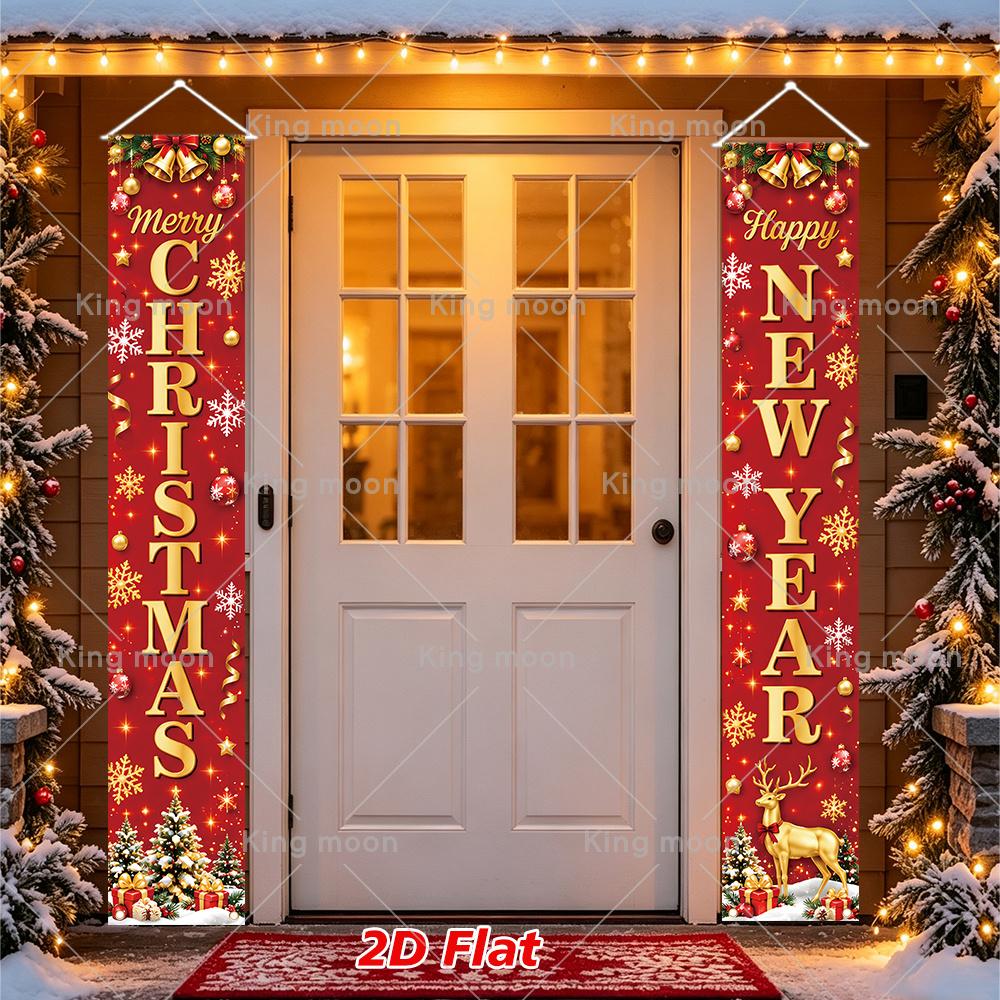 2D Flat, 2D Flat - 2D Flat, 2D Flat - 2D Flat Banner, 2pcs Christmas New Year Porch Banner, Polyester Material, Size 180*30Cm/70.9*11.8In, Red Backgro
