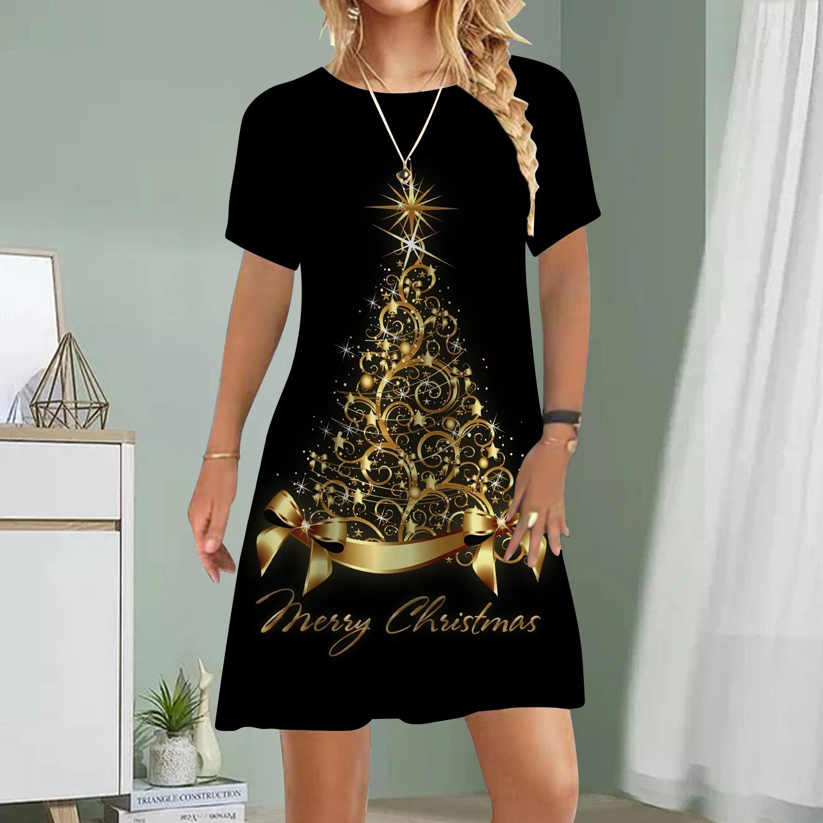 

Женское повседневное платье Летние платья с принтом золотой рождественской елки для женщин с круглым вырезом и коротким рукавом Платье больших размеров 5XL золотой