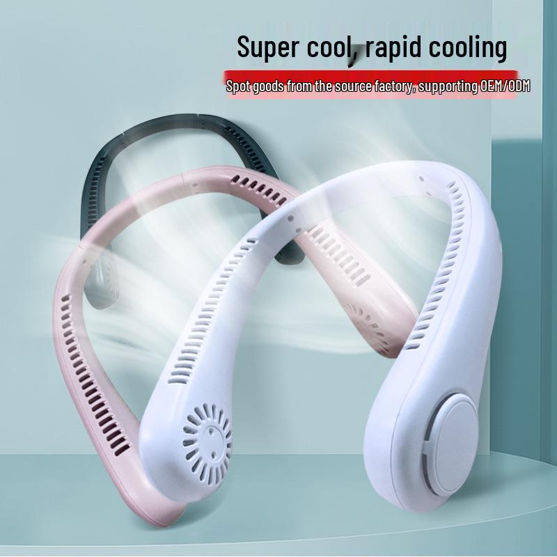 Douyin Popular USB Rechargeable Neck-Hanging Fan - Portable, Silent, Leafless Design for Outdoor Use.