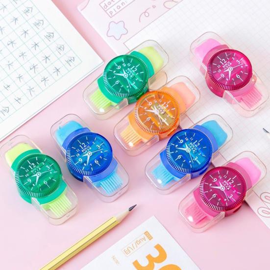 6Pcs Student Pencil Sharpener 3 In 1 Watch Shape Random Colors Pencil Cutter with Reel Eraser Brush
