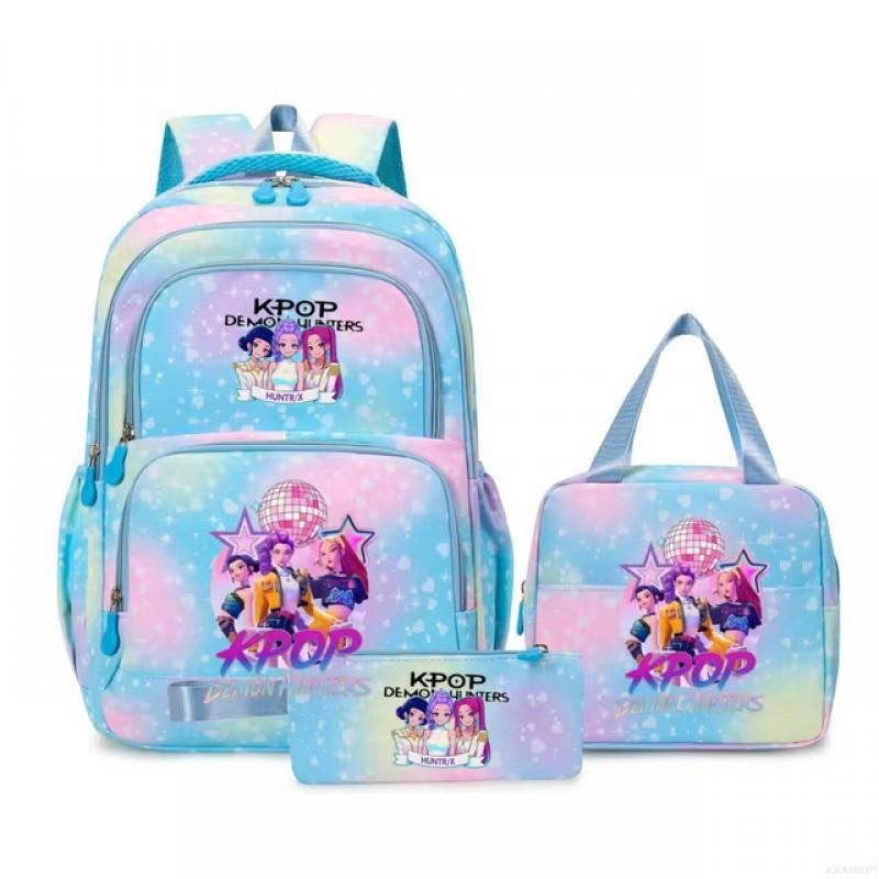 K-Pop Inspired Cartoon School Backpack Set Teen Girls 3pcs Lunch Bag Main Pencil Case Arc Shoulder Straps British Style