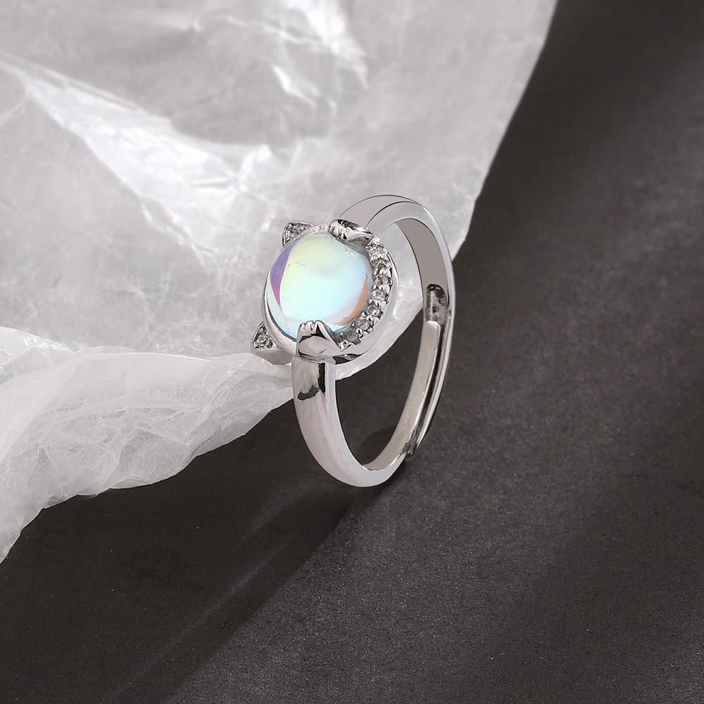 Elegant And Simple Copper Cat Ring With Rainbow Moonstone Fashionable Accessory Hand