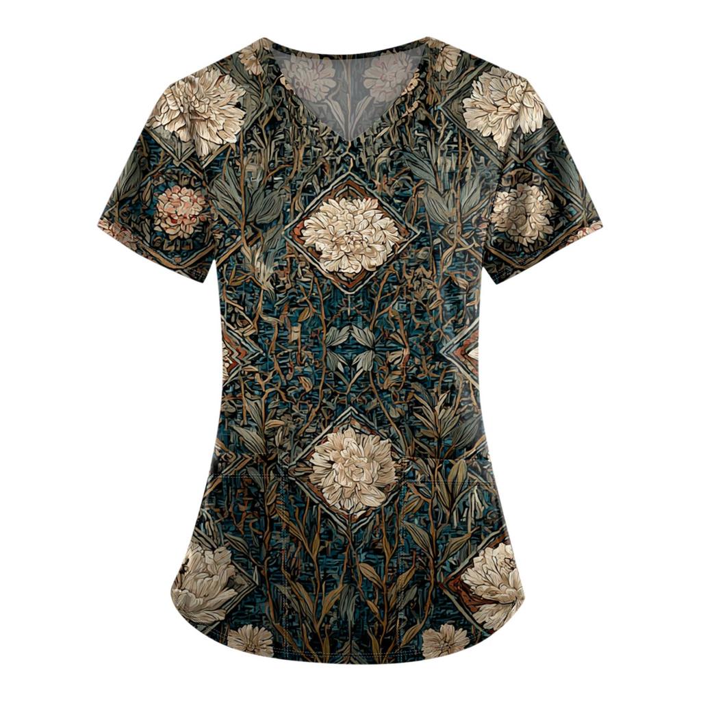 Plus Size Printed Scrub Working Uniform Tops For Women's V-Neck Print Short Sleeve Fun T-Shirts Workwear Tee With Pockets