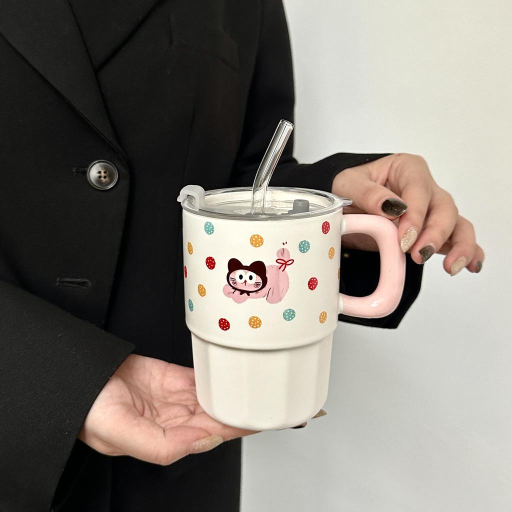 Søt Prikkete Dukke Valp Sugerørskopp Keramisk Krus med Lokk Par Drikkekopp Praktisk Bursdagsgave til Jenter