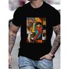 T-shirt da uomo nera moderna con stampa geometrica astratta - Morbida traspirante a maniche corte con girocollo, Design astratto multicolore di volto umano in rosso giallo