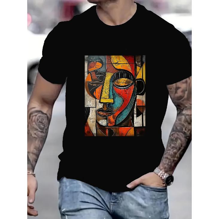T-shirt da uomo nera moderna con stampa geometrica astratta - Morbida traspirante a maniche corte con girocollo, Design astratto multicolore di volto umano in rosso giallo