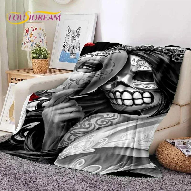 Totenkopf Totes Mädchen 3D Gothic Horror Weiblich Rose Weiche Flanelldecke für Betten Schlafzimmer Sofa Picknick, Überwurfdecke zum Zudecken Freizeit