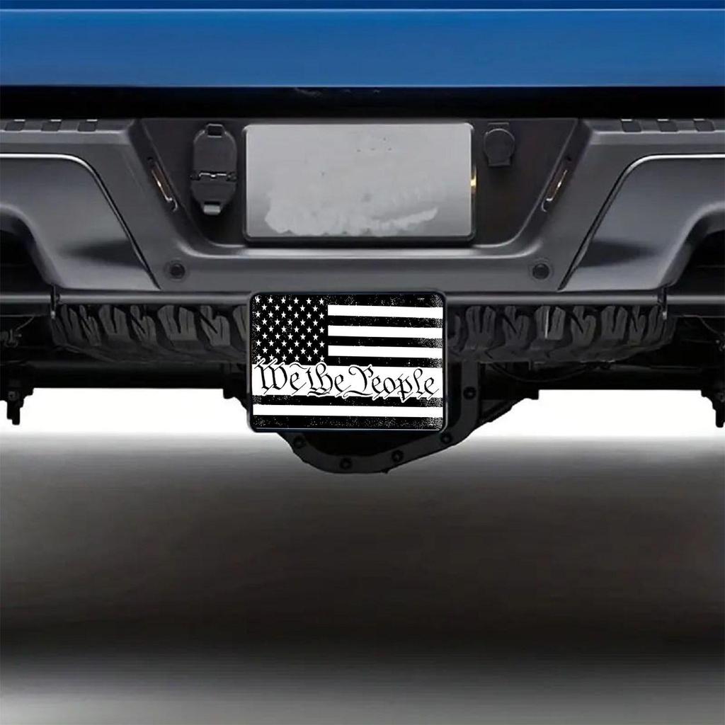 Plastic Trailer Hitch Cover with Black & White US Flag Design - Universal Fit