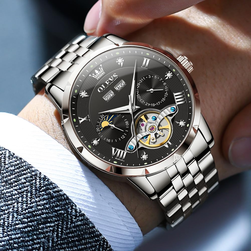 OLEVS Mechanical Automatic Winding Moon Phase Stylish Skeleton Waterproof Popular Watch Luminous Watch for Men Black White Men's &