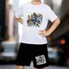 Boys 2 Piece Extreme Sports Themed Printed Outfit, Short Sleeve T-Shirt and Shorts Set for Kids Age 5-14,Black and White Sporty Casual Summer Clothes