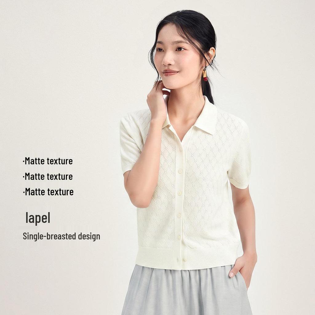 Women's Short Sleeve French POLO Collar Diamond Jacquard Knit Top - 54.7% Wool, 45.3% Linen