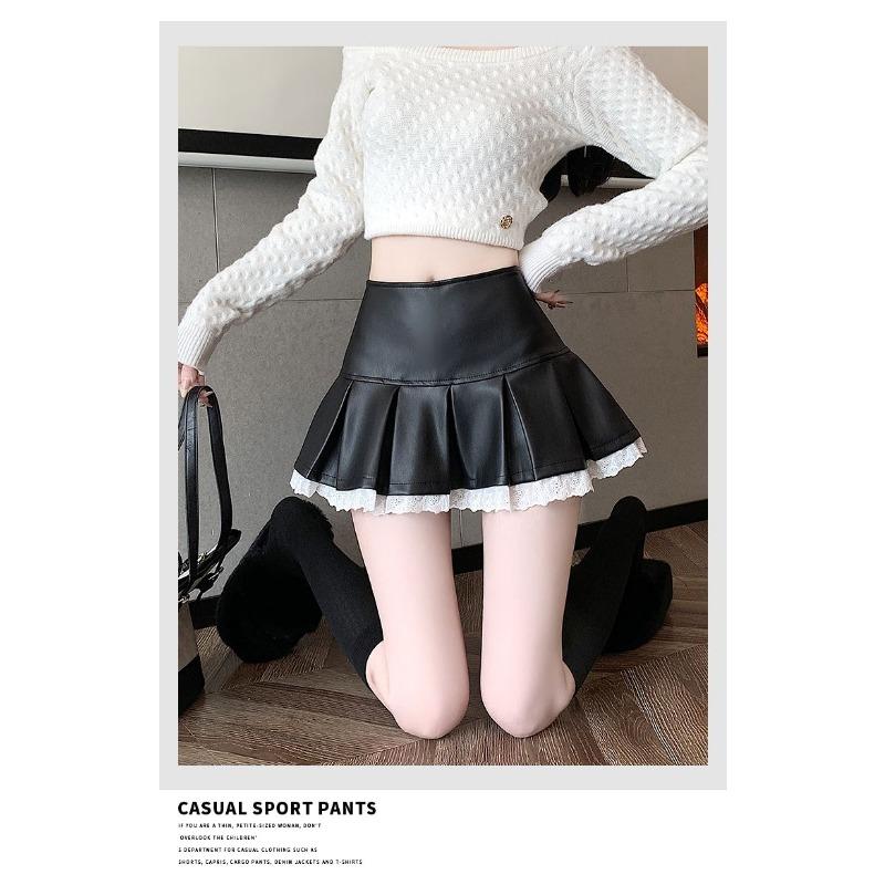 Hot Girl Leather Pleated Lace Skirt Autumn and Winter High Waist Versatile Hip-covering A-line Skirt Pants