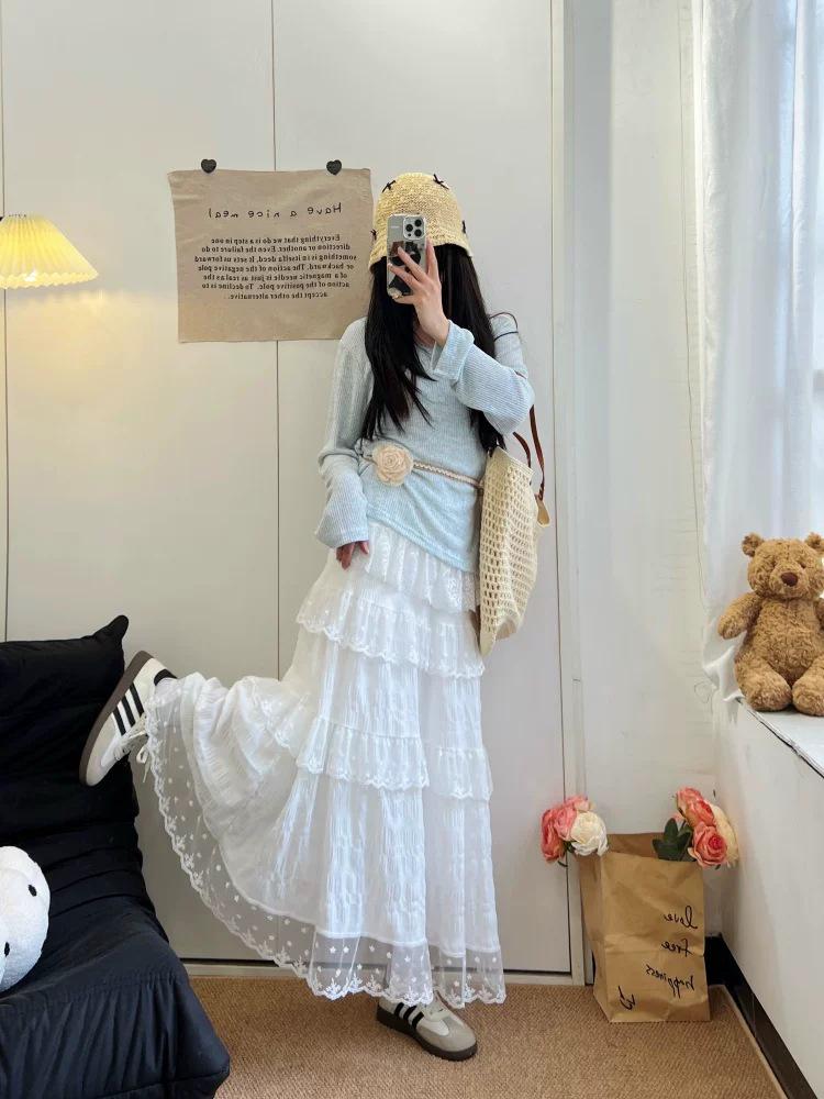 White Lace High-Waist Slimming Long Skirt for Women - Spring/Summer/Autumn