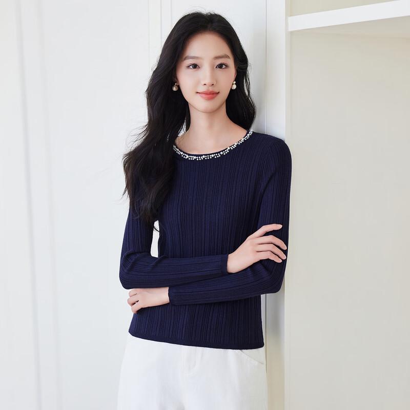 La Chapelle Women's Crew Neck Pearl Embellished Knit Sweater