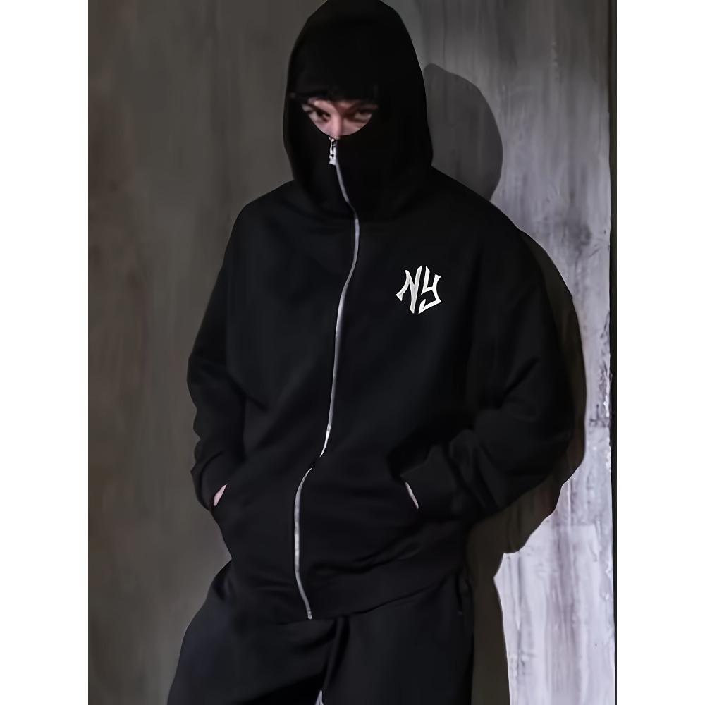 Y2K Fashion Twist Letter Design Trendy Logo Zip-Up Hoodie - Casual Loose Fit, Medium Stretch, Double
