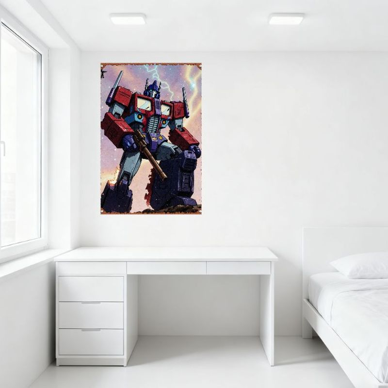 Vintage Transformers Optimus Prime Metal Tin Sign Dynamic Pose Comic Art Starry Sky Lightning Wall Plaque for Home Bar Man Cave