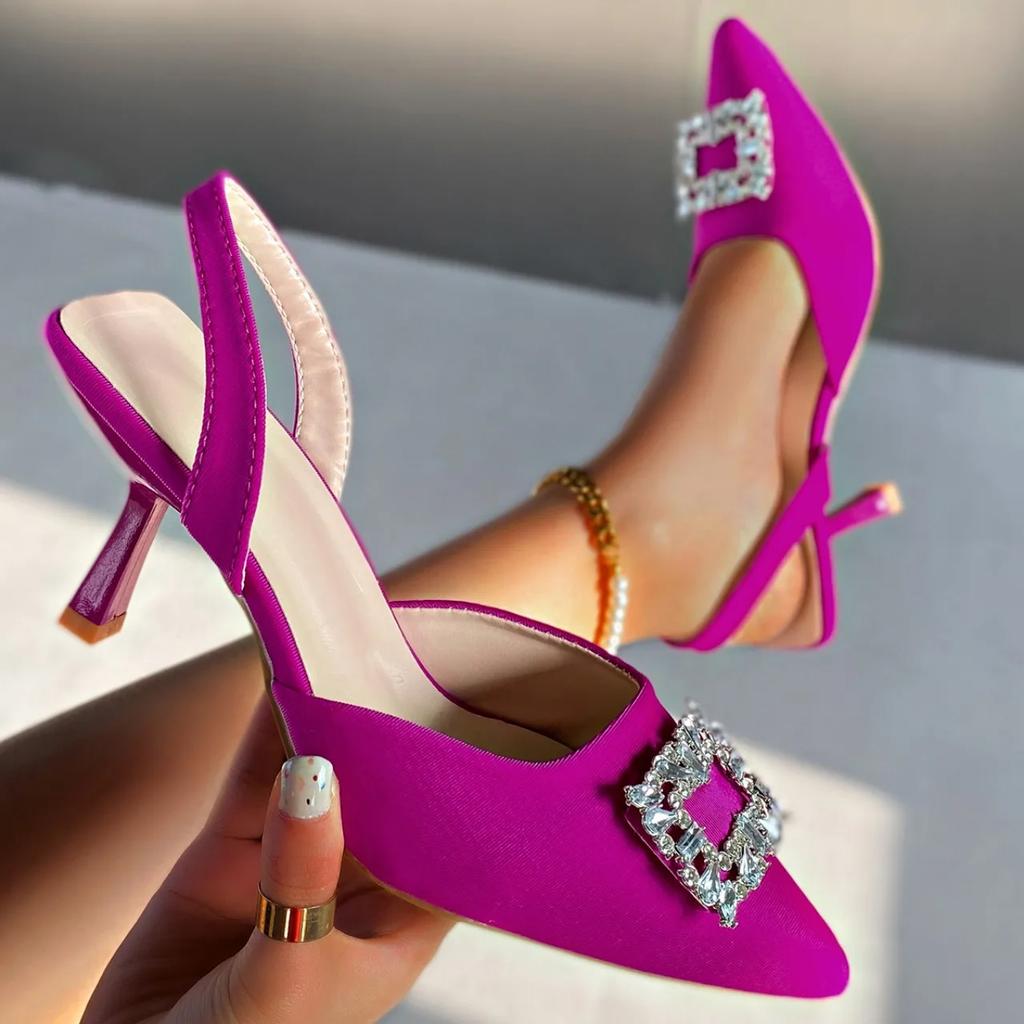Fashion Crystal Shallow Women Shoes Pointed Toe Mid Heels Elegant Sandals Trend Fashion Pumps Slingback Dress Spring Zapatos Mujer