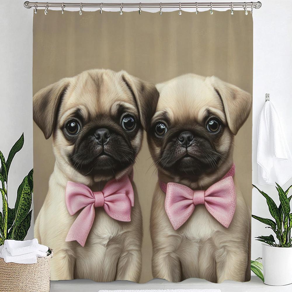 3D Printed Cute Puppies Shower Curtain Lovely Cartoon Animal Bathroom Decorative Curtain, Printed Home Curtain with 12 Hooks