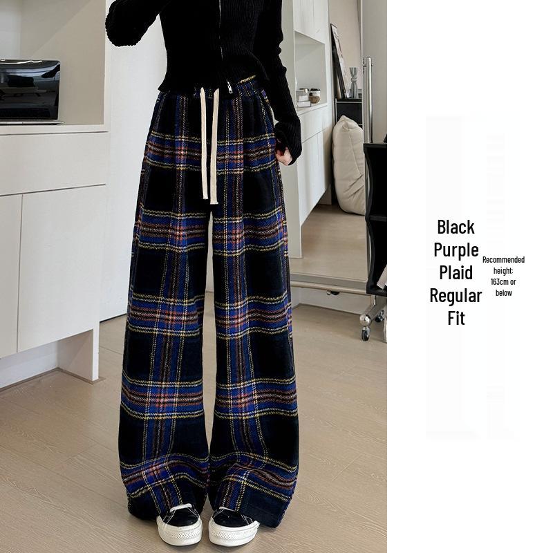 Women's High-End Retro Plaid Velvet Pants: Loose, Slimming Straight-Leg, Casual Wide-Leg Long Pants
