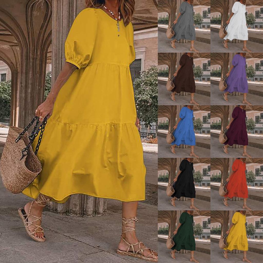 Women's Summer Casual Solid Color Puff Short-sleeve O-neck Big Swing Shirring Stitching Cotton Linen Dress