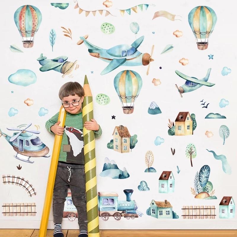 Hand Paint Watercolor Cartoon Airplane Train Wall Stickers Hot Air Balloon Stickers for Kids Room Nursery Decoration Wall Decals
