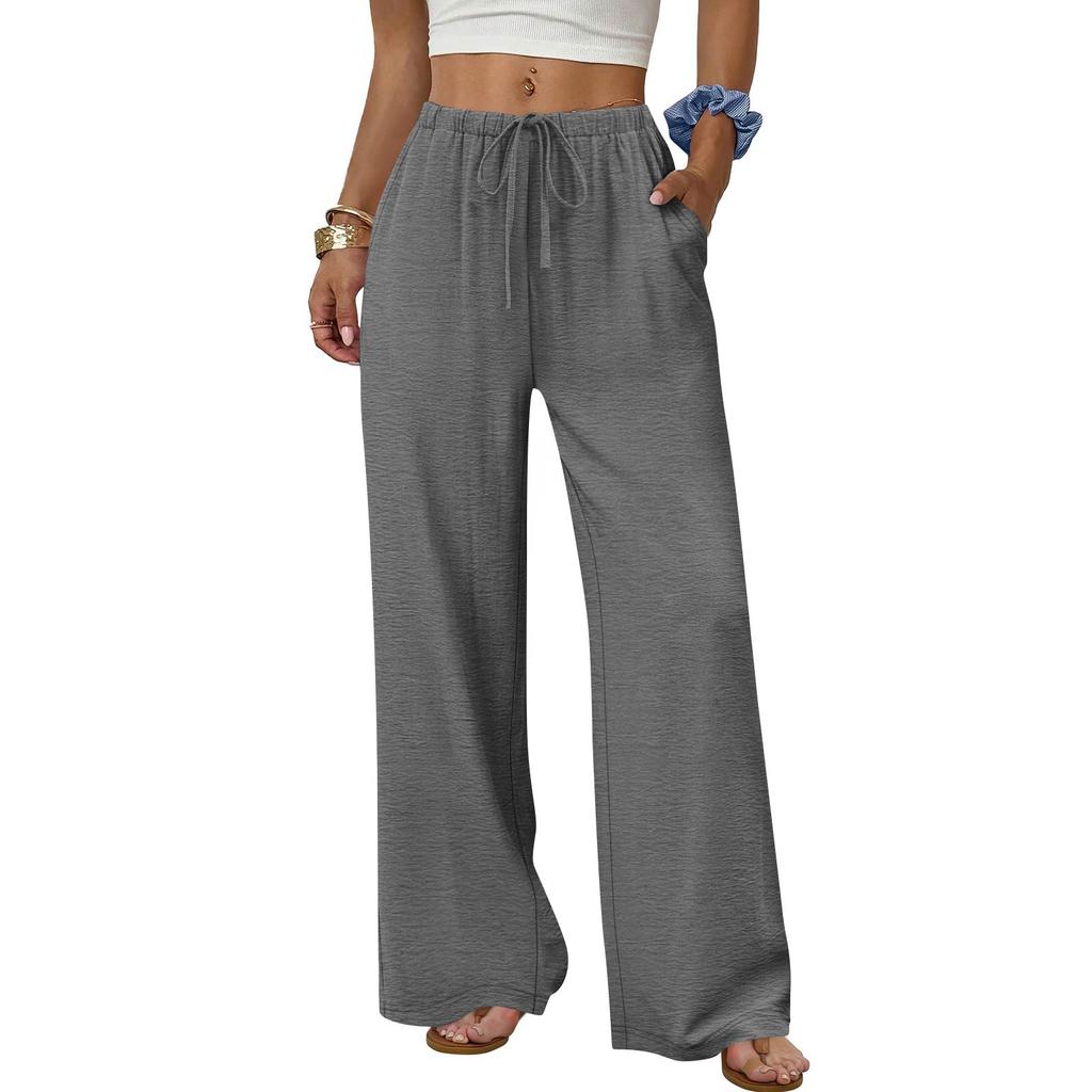 Women's Fashion Wide-Leg Trousers With Drawstring Elastic Waistband And Pockets Relaxed-Fit Casual Trousers
