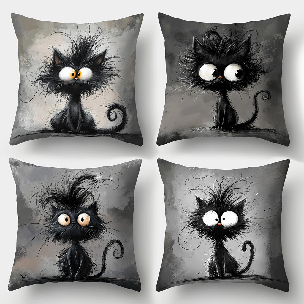 1/4pcs Funny Fluffy Black Cat Throw Pillow Covers Cute Cartoon Gothic Decorative Pillowcases for Home Sofa Bedroom Cushion cover