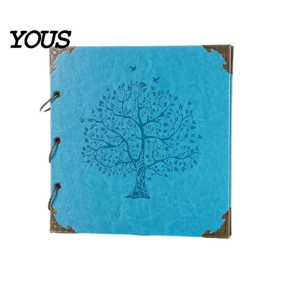Tree of Life Embossed Cover DIY Scrapbook Album, Faux Leather Black Card Photo Album with Metal Corner Guard Ring Binding, Memory Book for Journaling,