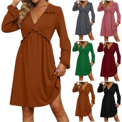 Damen-Kleider mit Schnürung, V-Ausschnitt, lange Ärmel, Rüschen, elastische Taille, Partykleid, Freizeitkleid