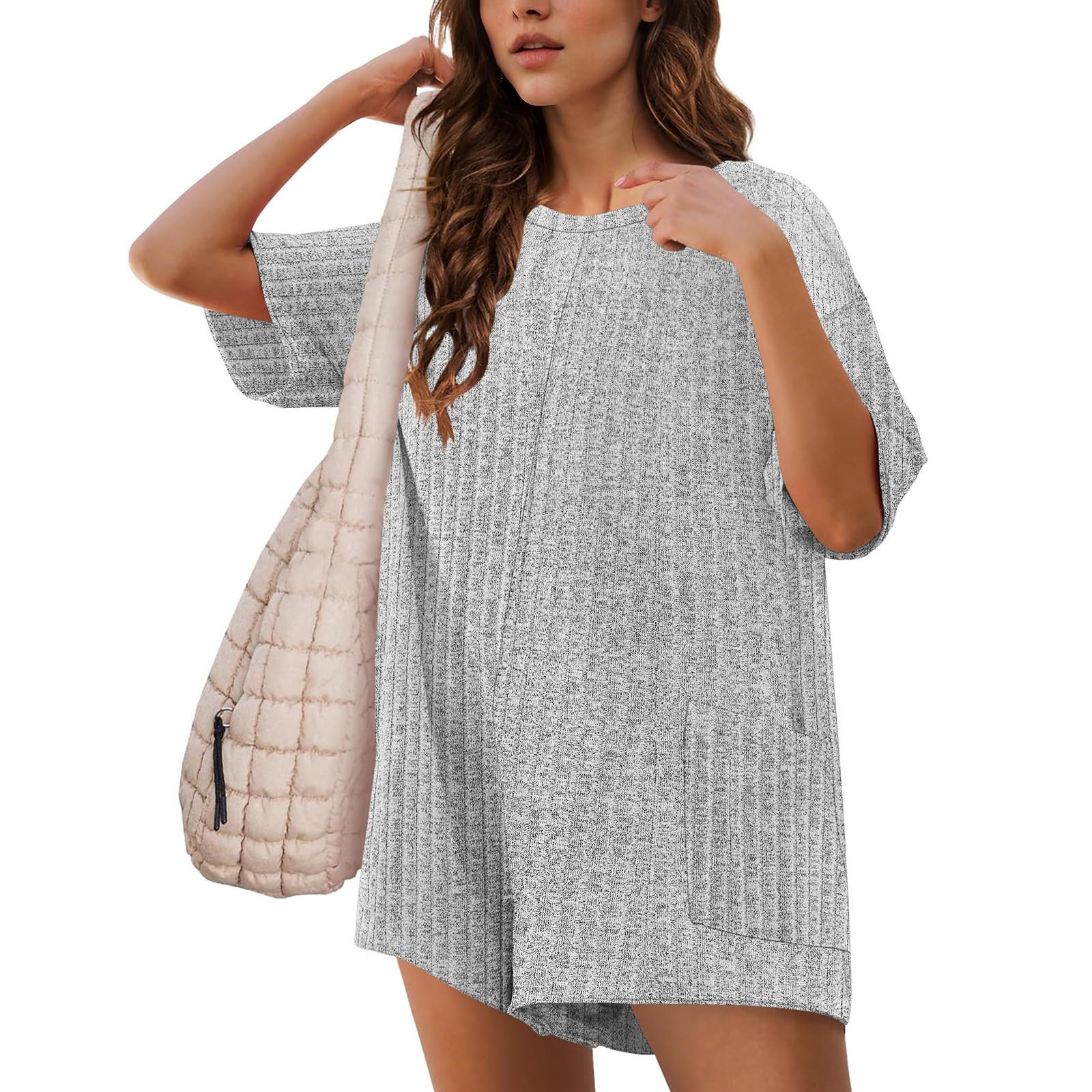 

Летние комбинезоны для женщин с коротким рукавом, ребристые свободные футболки, шорты с карманом S