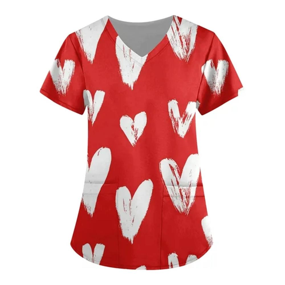 Women Valentines Day Ladies Nurse Uniform Love Print Gradient Short Sleeve Pocket Work Shirt Tunics Carer Medical Nursing Blouse
