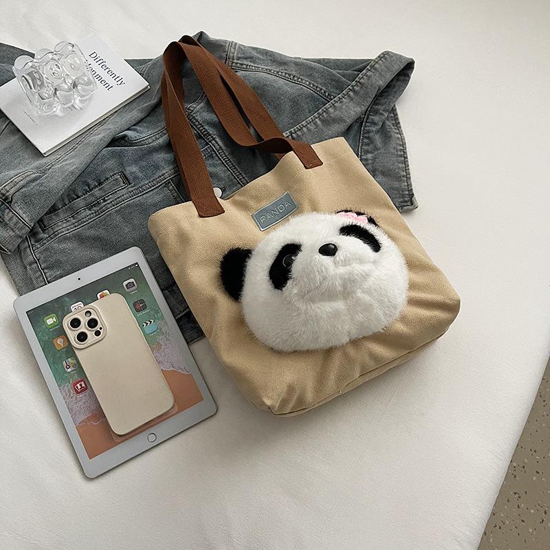 New Cute Panda Doll Bag Shoulder Bag Canvas Bag Large Capacity Tote Bag Underarm Bag Plush Bag