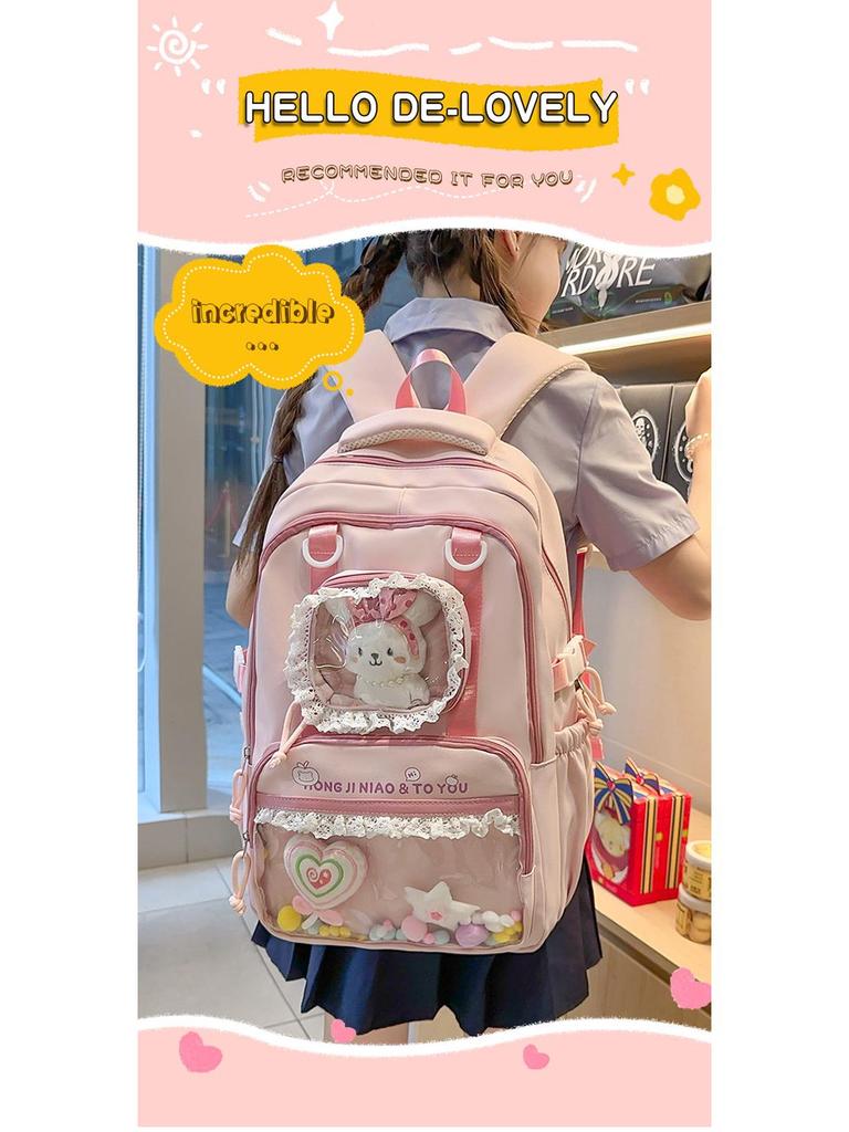 Süßer Farbblock Ita Rucksack für Junior- und Highschool-Mädchen - Transparent, Großes Fassungsvermögen, Dekompressionsdesign, Ins-Stil