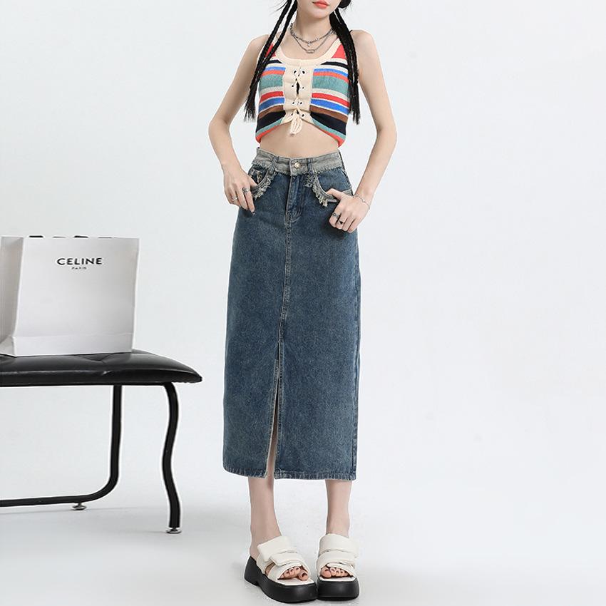 

Юбка мини А-силуэта из денима с высокой посадкой, разрезом и необработанным краем 3XL