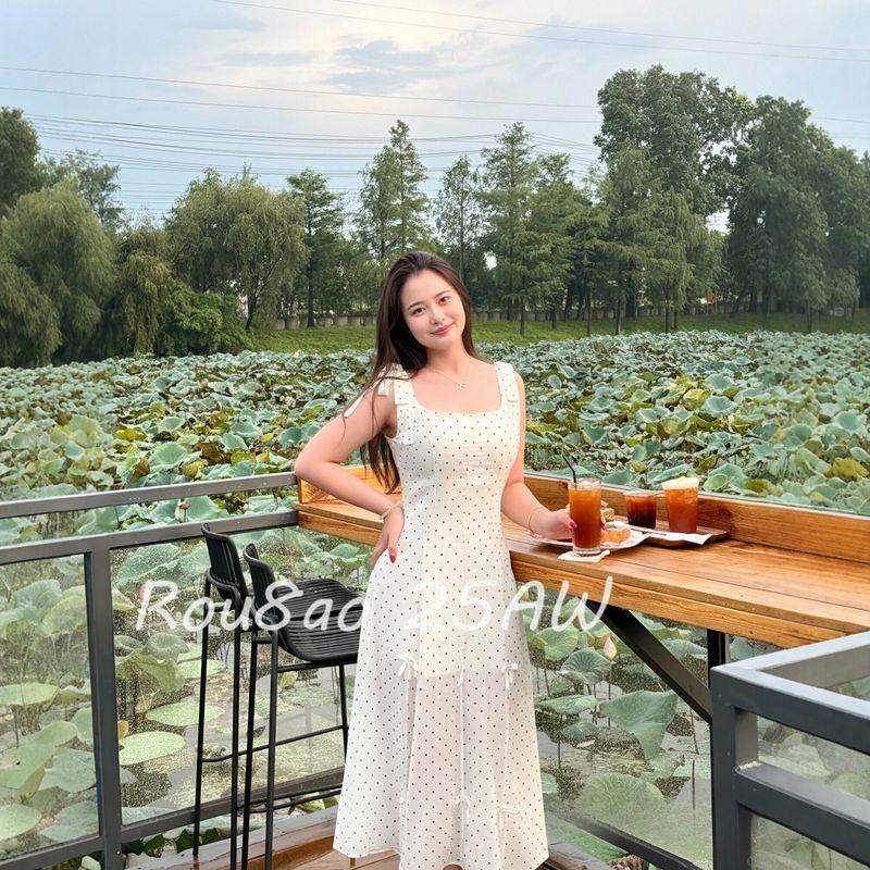 Rou8Ao Plus Size Women s Korean Style Polka Dot Strap Dress 2026 Spring/Summer High Waist Slimming Long/Short Dress Polka Dot Suspender Skirt 4XL